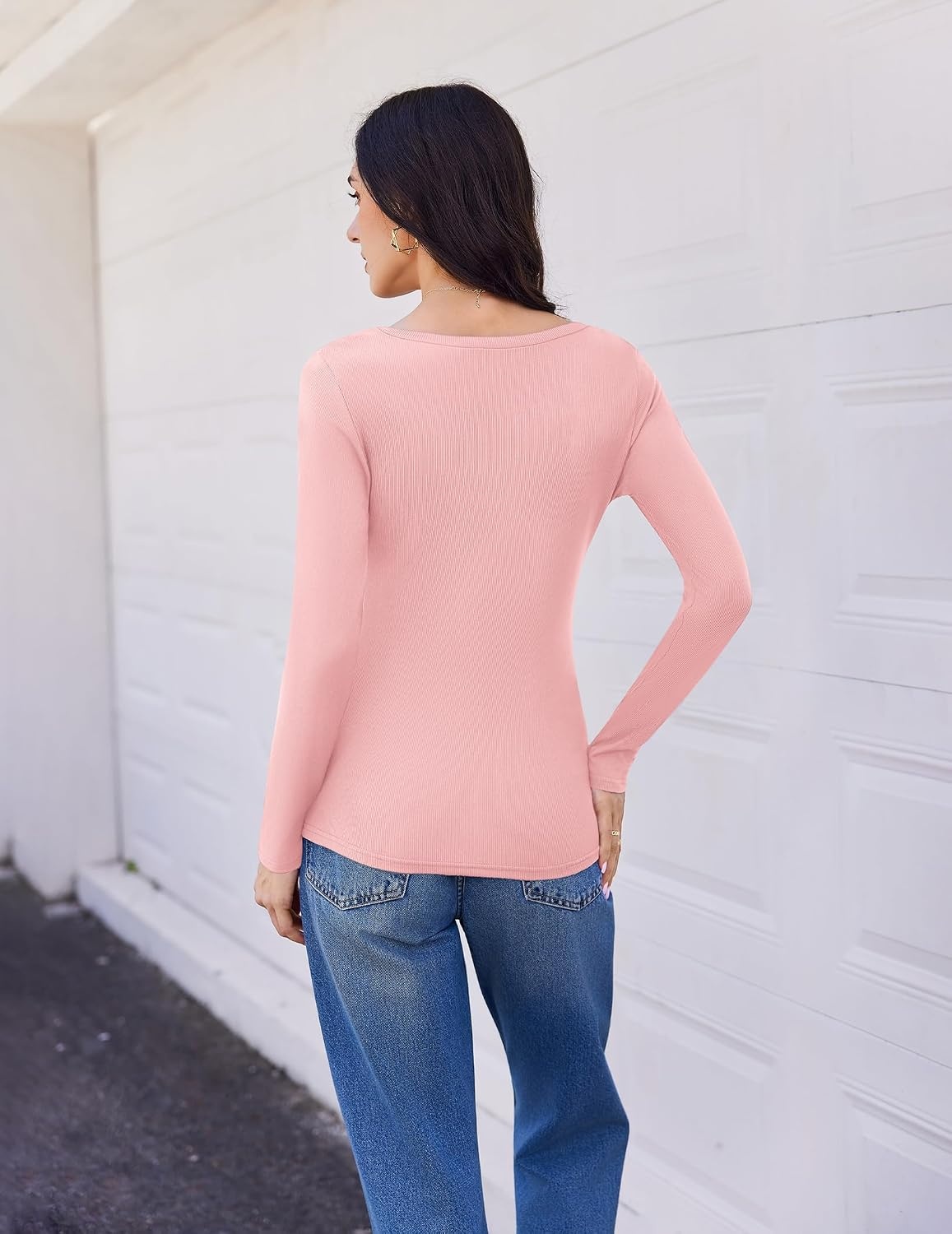 image:imageEkouaer Womens Long Sleeve Shirts V Neck Ribbed Thermal UndershirtsLight Pink