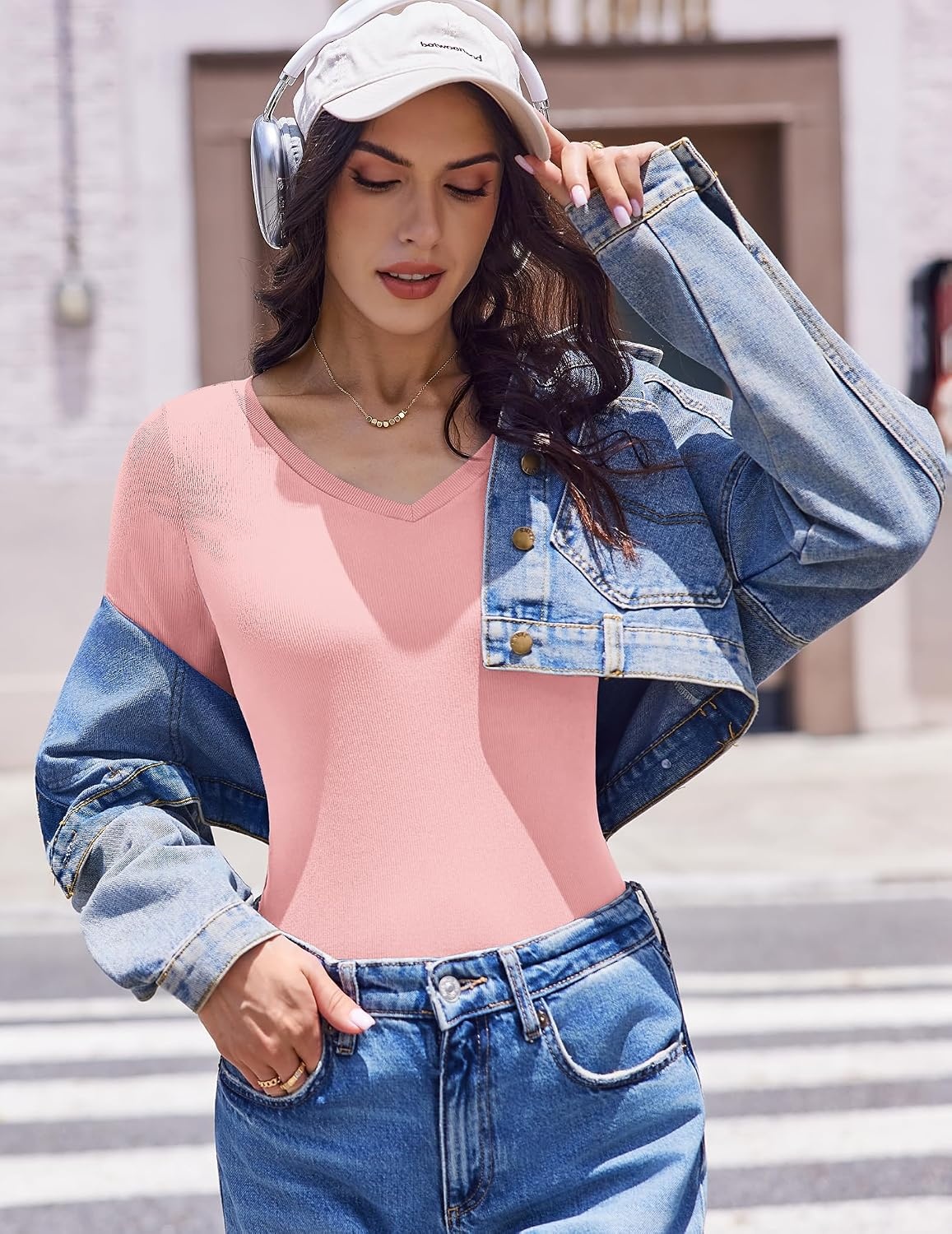 image:imageEkouaer Womens Long Sleeve Shirts V Neck Ribbed Thermal UndershirtsLight Pink