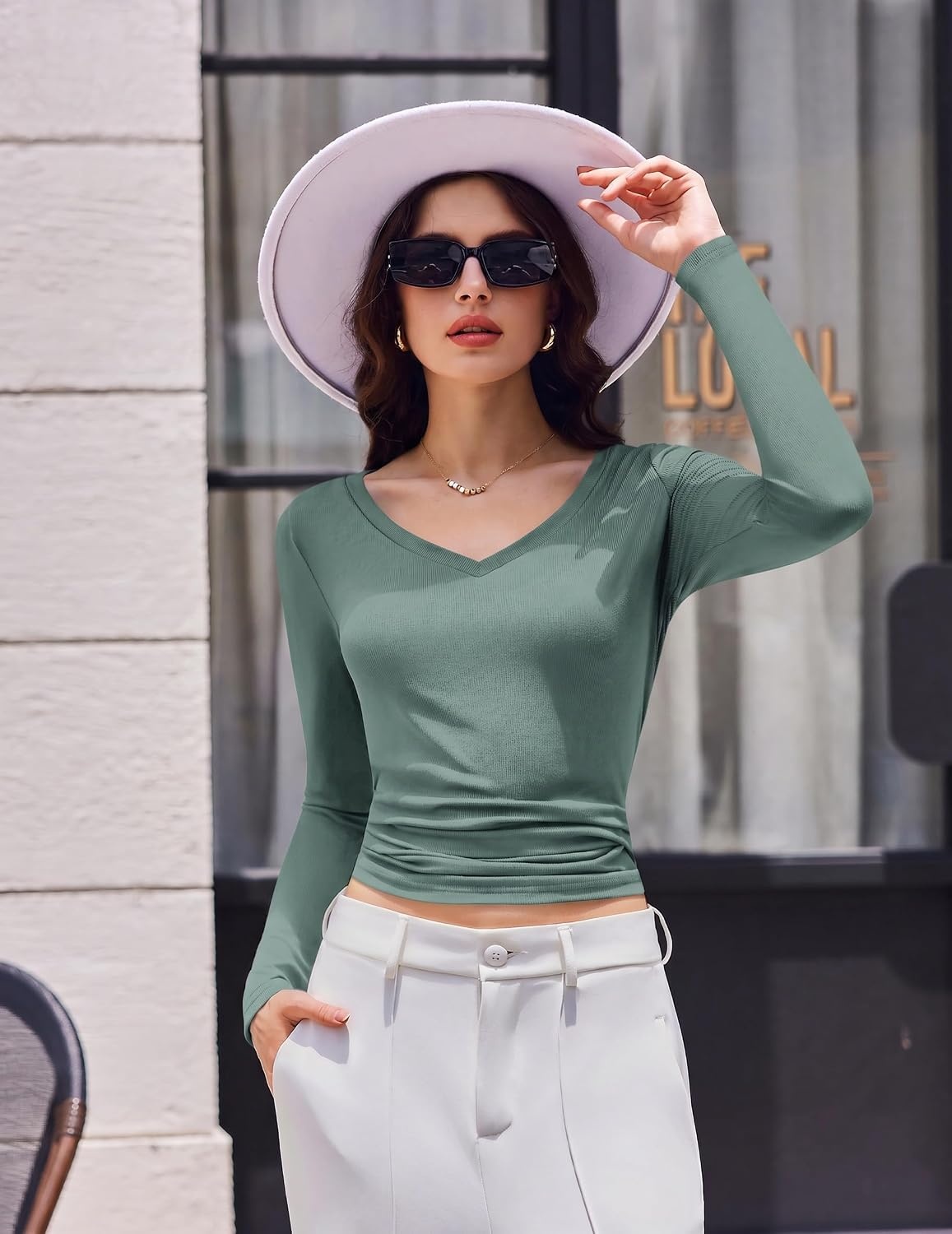 image:imageEkouaer Womens Long Sleeve Shirts V Neck Ribbed Thermal UndershirtsSage Green