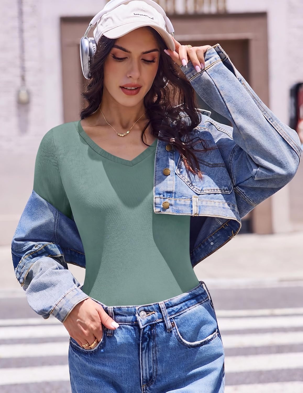 image:imageEkouaer Womens Long Sleeve Shirts V Neck Ribbed Thermal UndershirtsSage Green