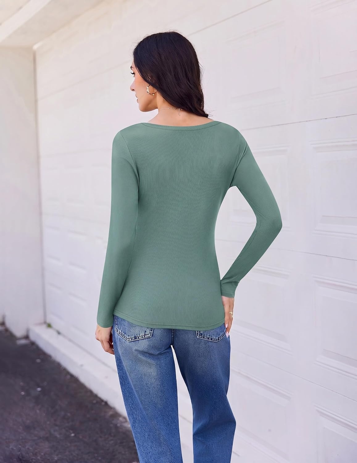 image:imageEkouaer Womens Long Sleeve Shirts V Neck Ribbed Thermal UndershirtsSage Green