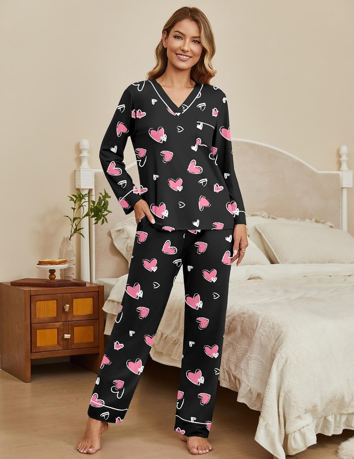image:imageEkouaer Womens Pajamas Sets 2 Piece PJs Long Sleeve Sleepwear LoungewearBlack With Pink Heart