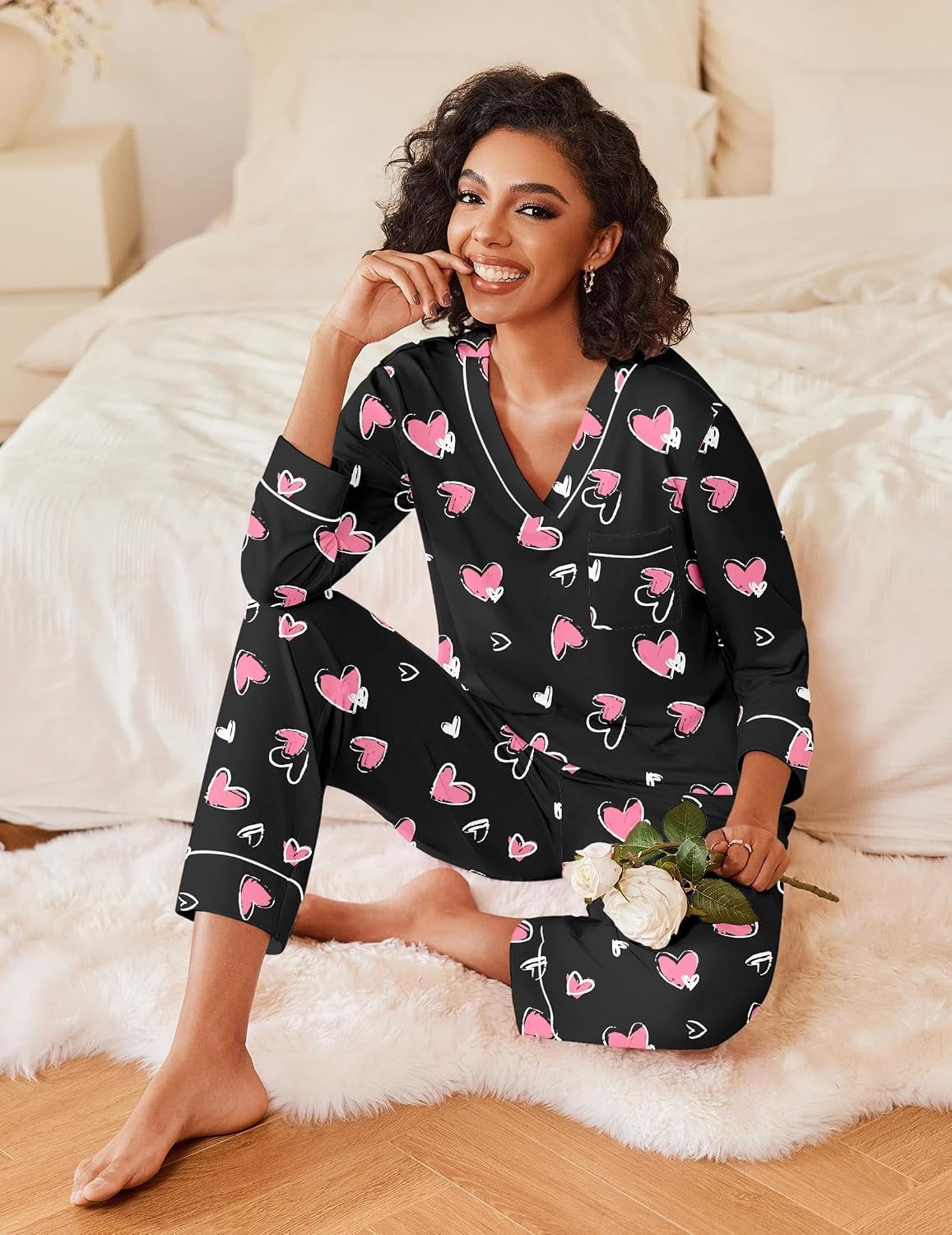 image:imageEkouaer Womens Pajamas Sets 2 Piece PJs Long Sleeve Sleepwear LoungewearBlack With Pink Heart
