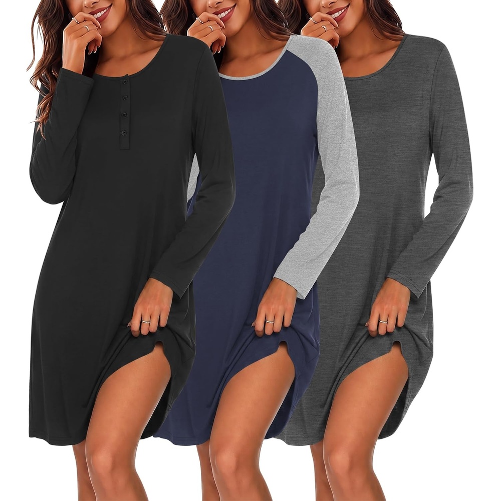 image:imageEkouaer 3 Pack Nightgowns for Women Long Sleeve Sleepshirt Soft NightshirtBlackNavy BlueGrey