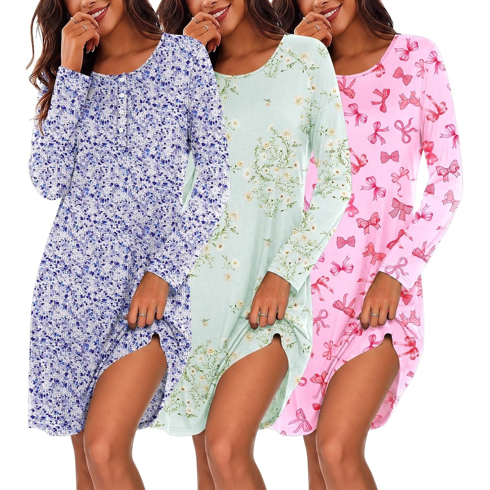 image:imageEkouaer 3 Pack Nightgowns for Women Long Sleeve Sleepshirt Soft NightshirtPurple FloralLight Green FloralPink Bow Tie