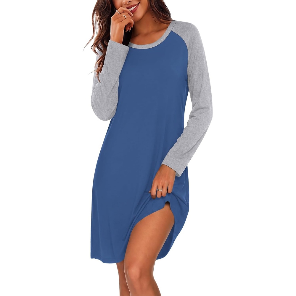 image:imageEkouaer Cotton Nightgowns for Women Long Sleeve Sleepshirts Soft SleepwearBlue