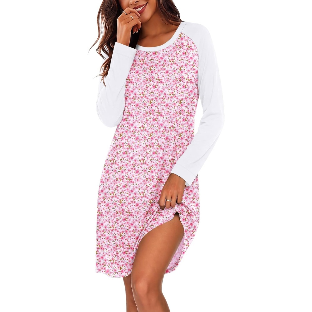 image:imageEkouaer Cotton Nightgowns for Women Long Sleeve Sleepshirts Soft SleepwearFloral Pink