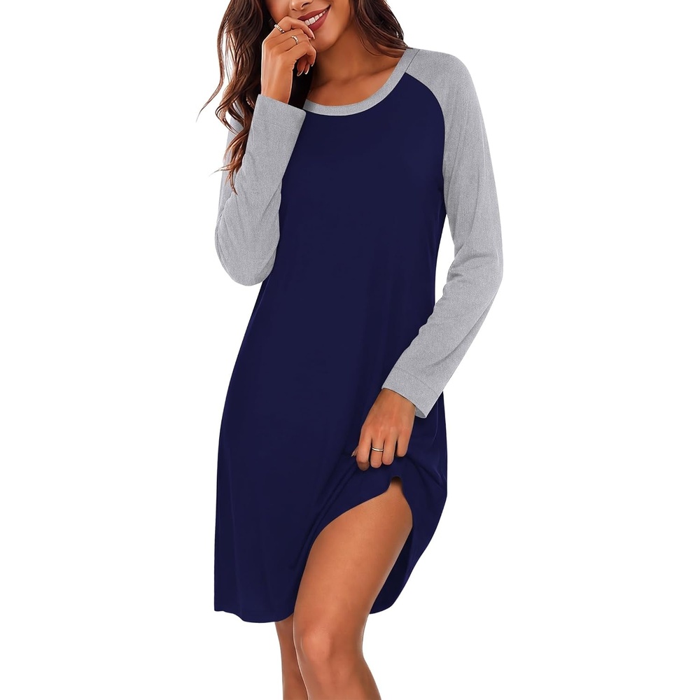 image:imageEkouaer Cotton Nightgowns for Women Long Sleeve Sleepshirts Soft SleepwearNavy Blue