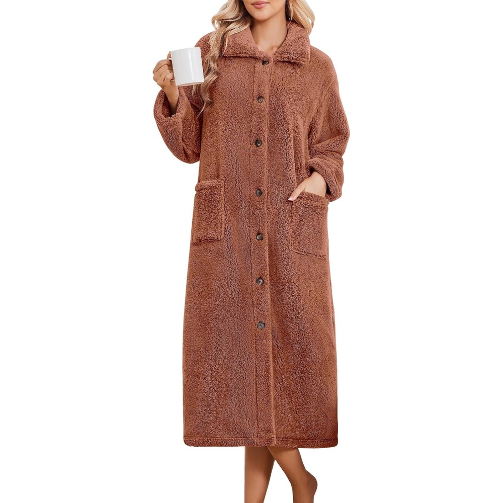 image:imageEkouaer Plush Robes for Women Button Front Long BathrobeCamel