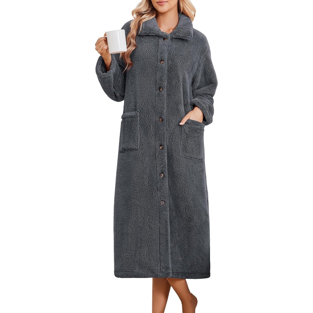 image:imageEkouaer Plush Robes for Women Button Front Long BathrobeGrey