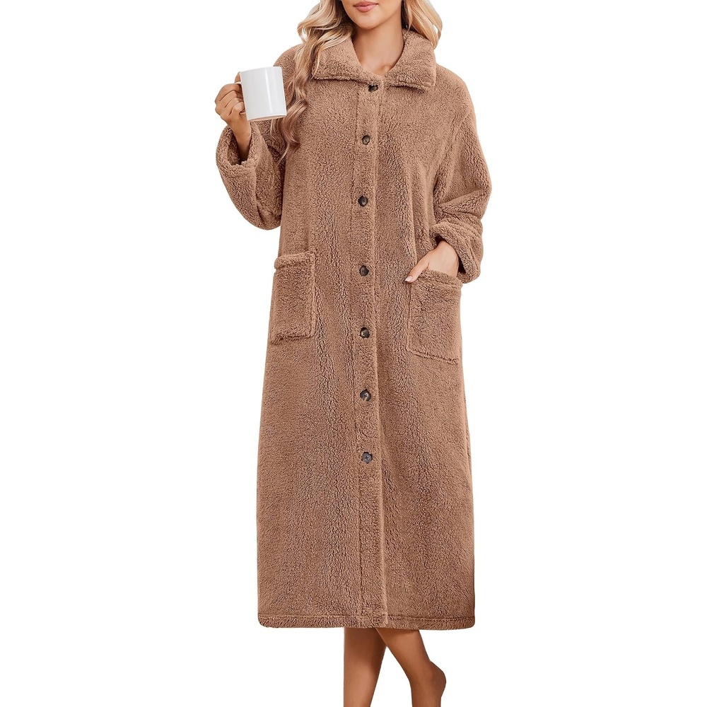 image:imageEkouaer Plush Robes for Women Button Front Long BathrobeKhaki