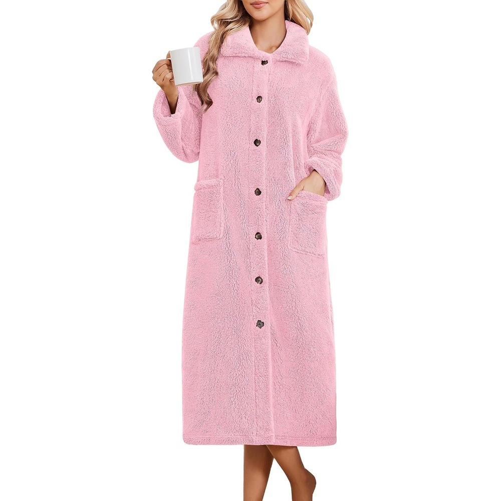image:imageEkouaer Plush Robes for Women Button Front Long BathrobePink