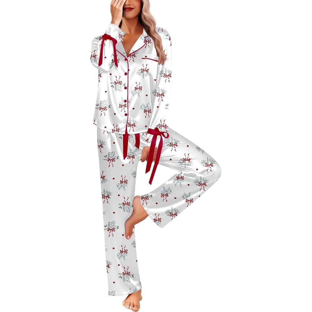 image:imageEkouaer Women Classic Button Down Long Satin Pajamas Set Cute Bow SleepwearChristmas Leaf