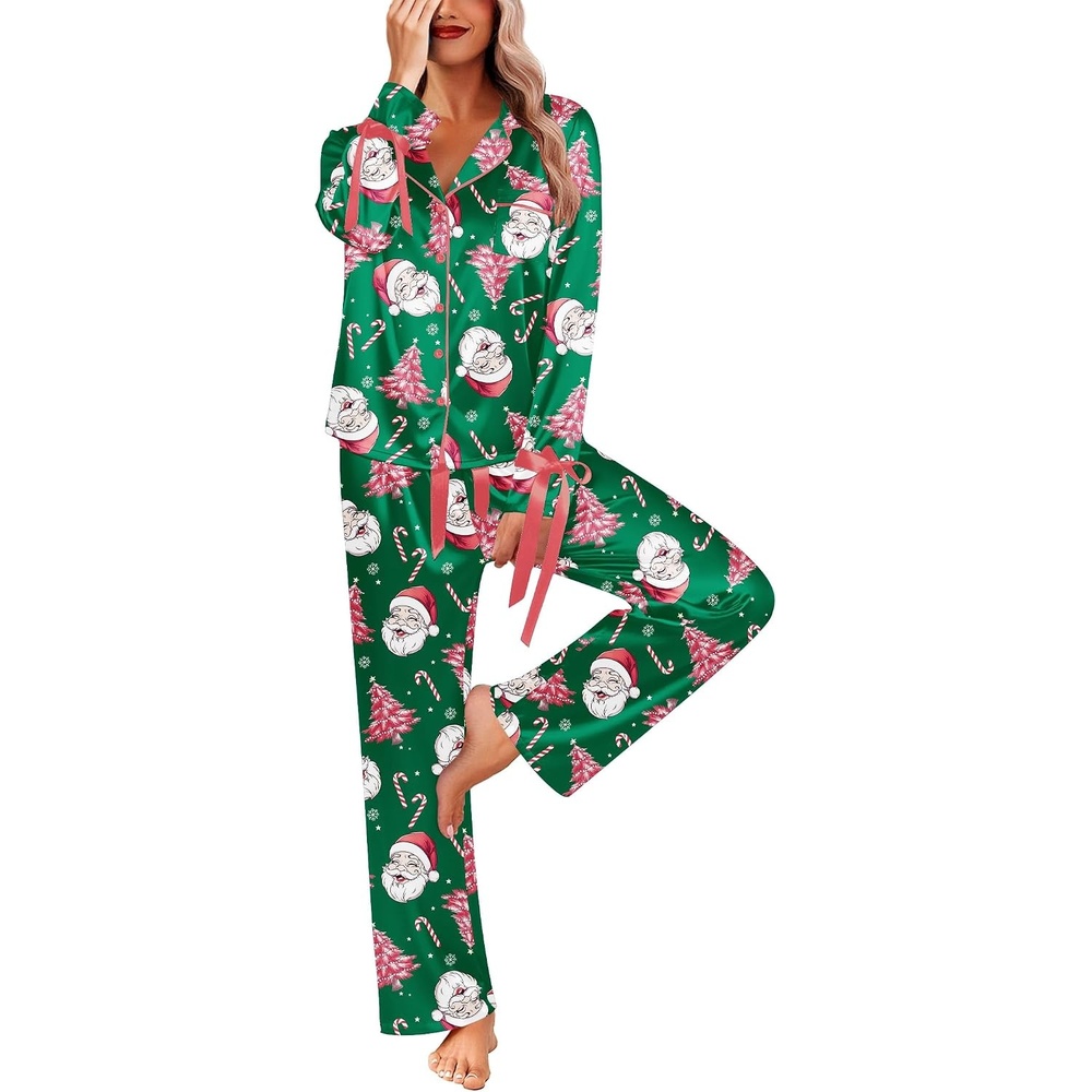 image:imageEkouaer Women Classic Button Down Long Satin Pajamas Set Cute Bow SleepwearSanta Claus Green