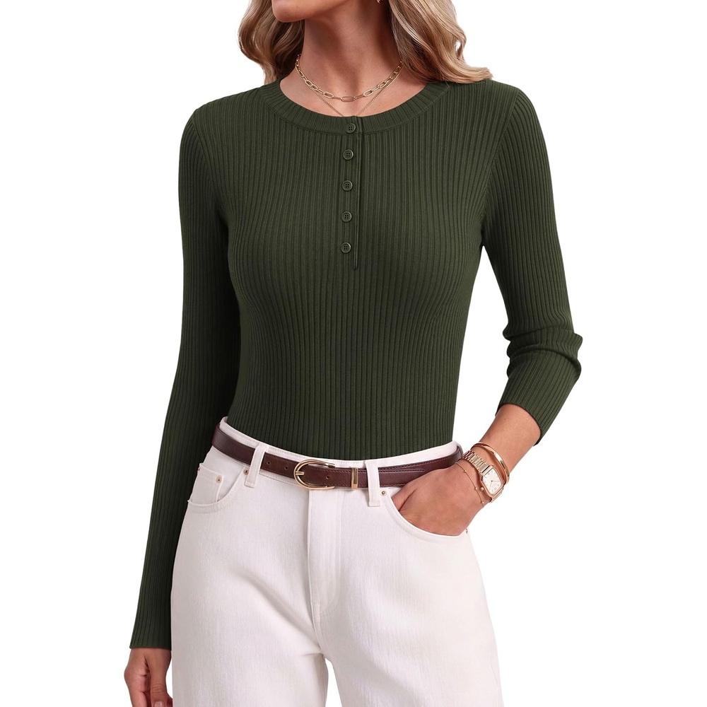 image:imageEkouaer Women Long Sleeve Henley Tops Rib Knit Shirts Lightweigh SweatersArmy Green