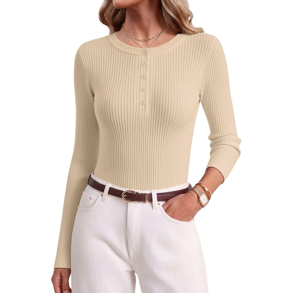 image:imageEkouaer Women Long Sleeve Henley Tops Rib Knit Shirts Lightweigh SweatersBeige