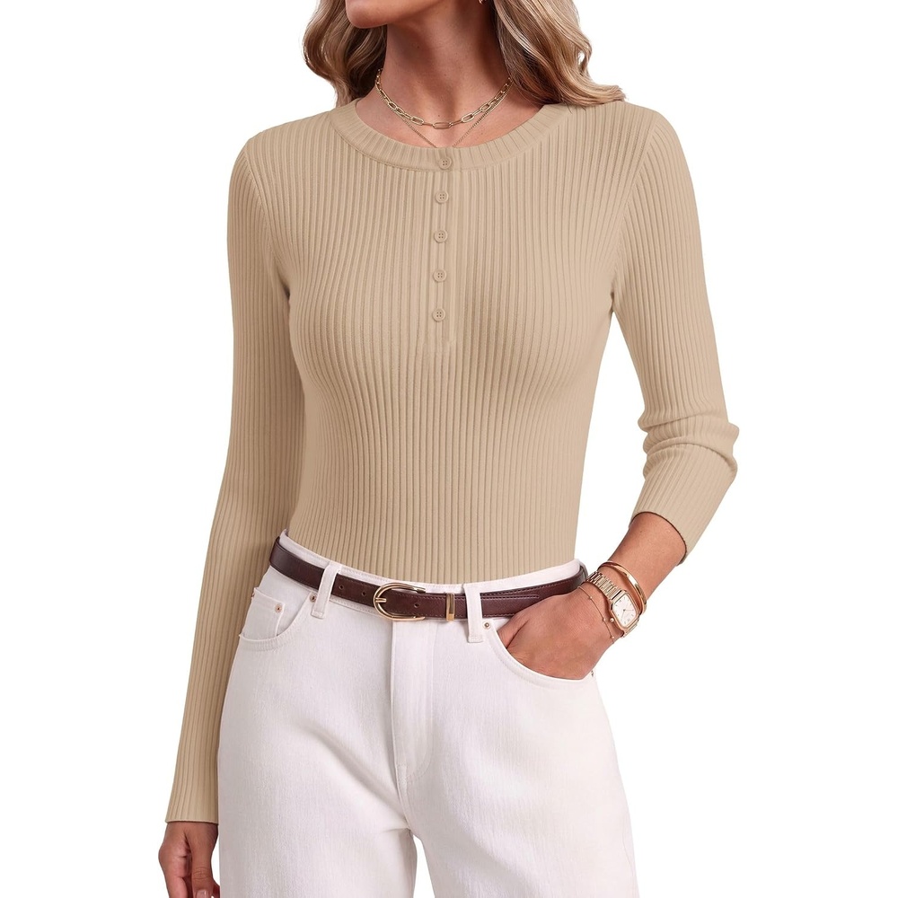 image:imageEkouaer Women Long Sleeve Henley Tops Rib Knit Shirts Lightweigh SweatersLight Khaki
