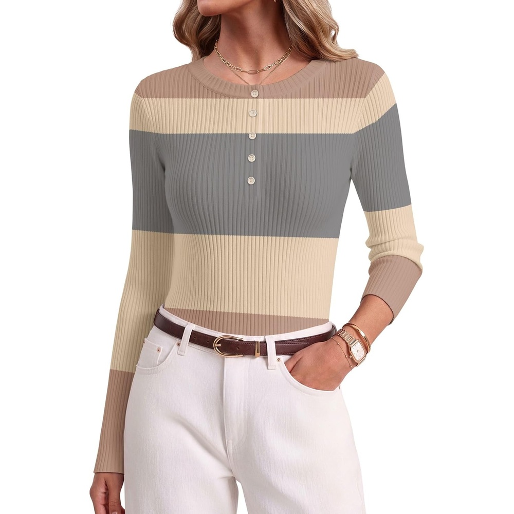 image:imageEkouaer Women Long Sleeve Henley Tops Rib Knit Shirts Lightweigh SweatersStripejh537