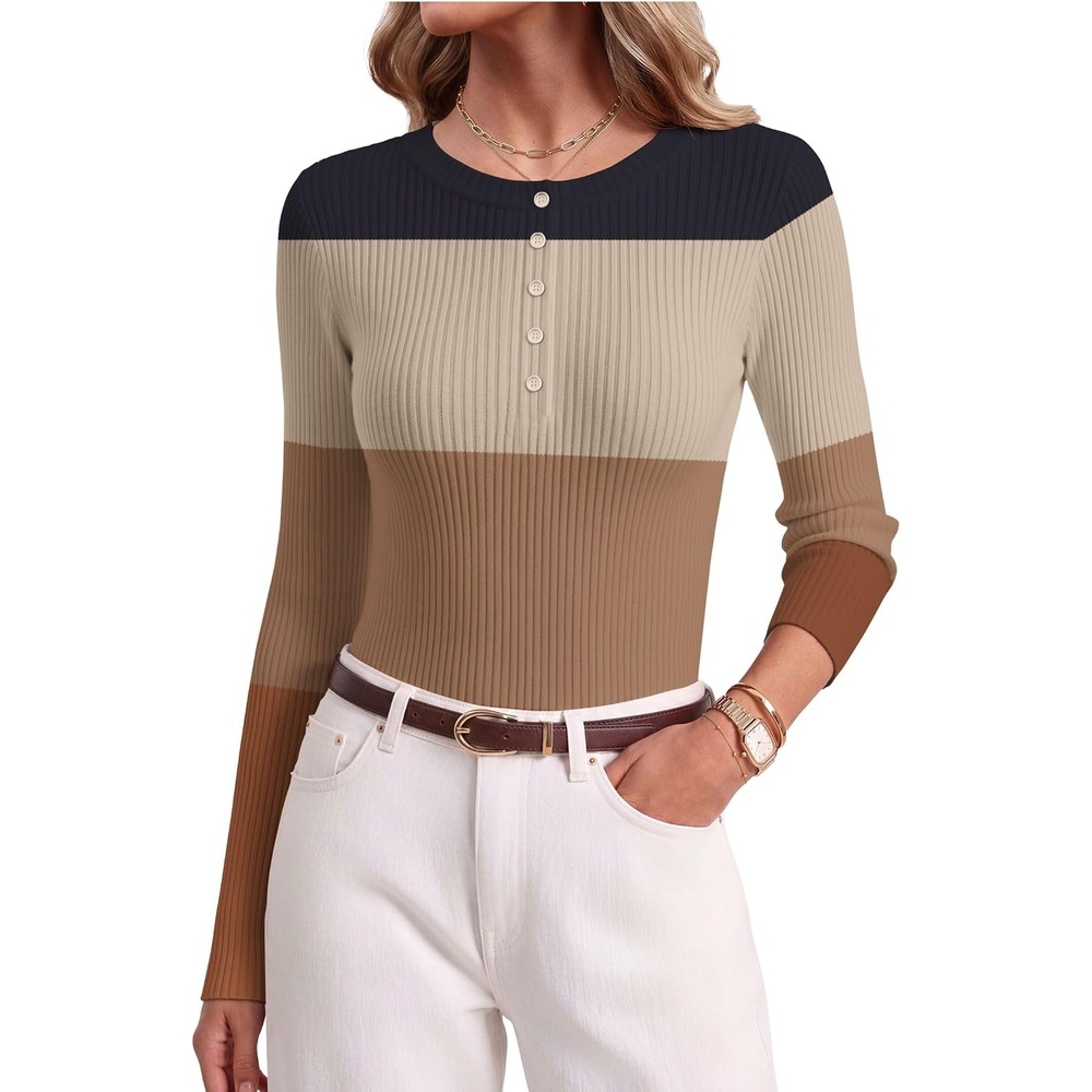 image:imageEkouaer Women Long Sleeve Henley Tops Rib Knit Shirts Lightweigh SweatersStripetw638