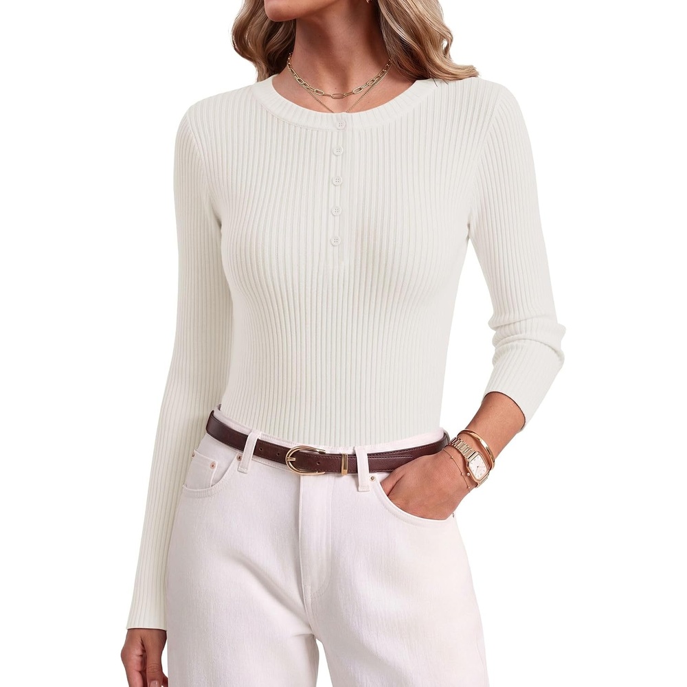 image:imageEkouaer Women Long Sleeve Henley Tops Rib Knit Shirts Lightweigh SweatersWhite