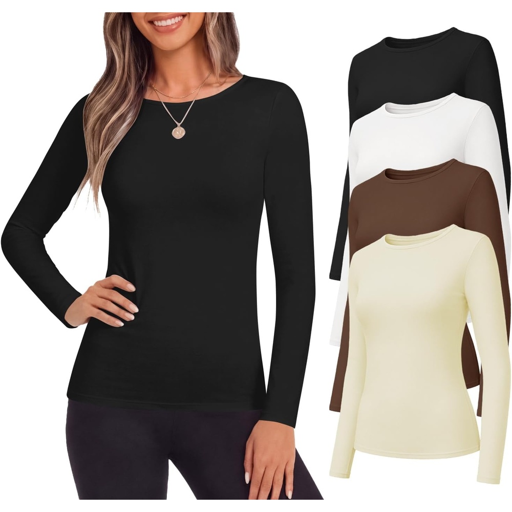 image:imageEkouaer Womens Long Sleeve Shirts Fleece Lined Tops Thermal UndershirtsBlackWhiteBeigeBrown