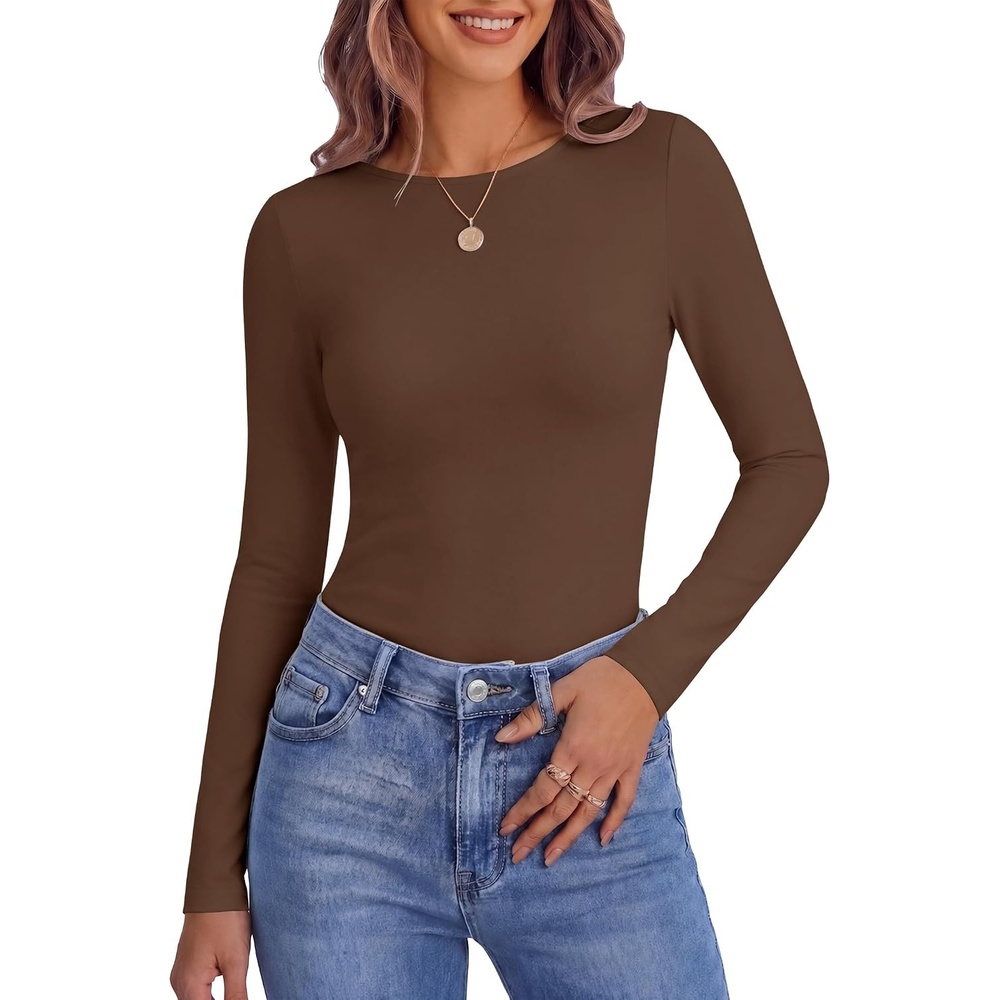 image:imageEkouaer Womens Long Sleeve Shirts Fleece Lined Tops Thermal UndershirtsBrown