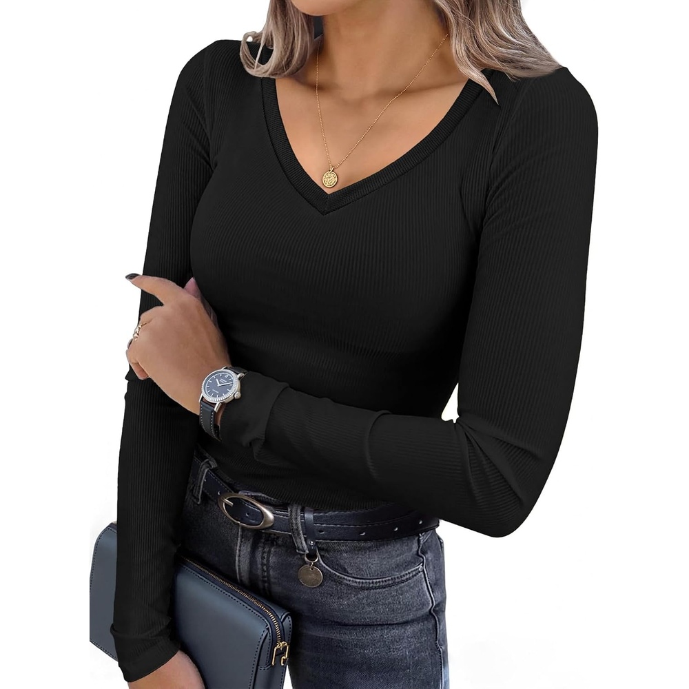 image:imageEkouaer Womens Long Sleeve Shirts V Neck Ribbed Thermal UndershirtsBlack