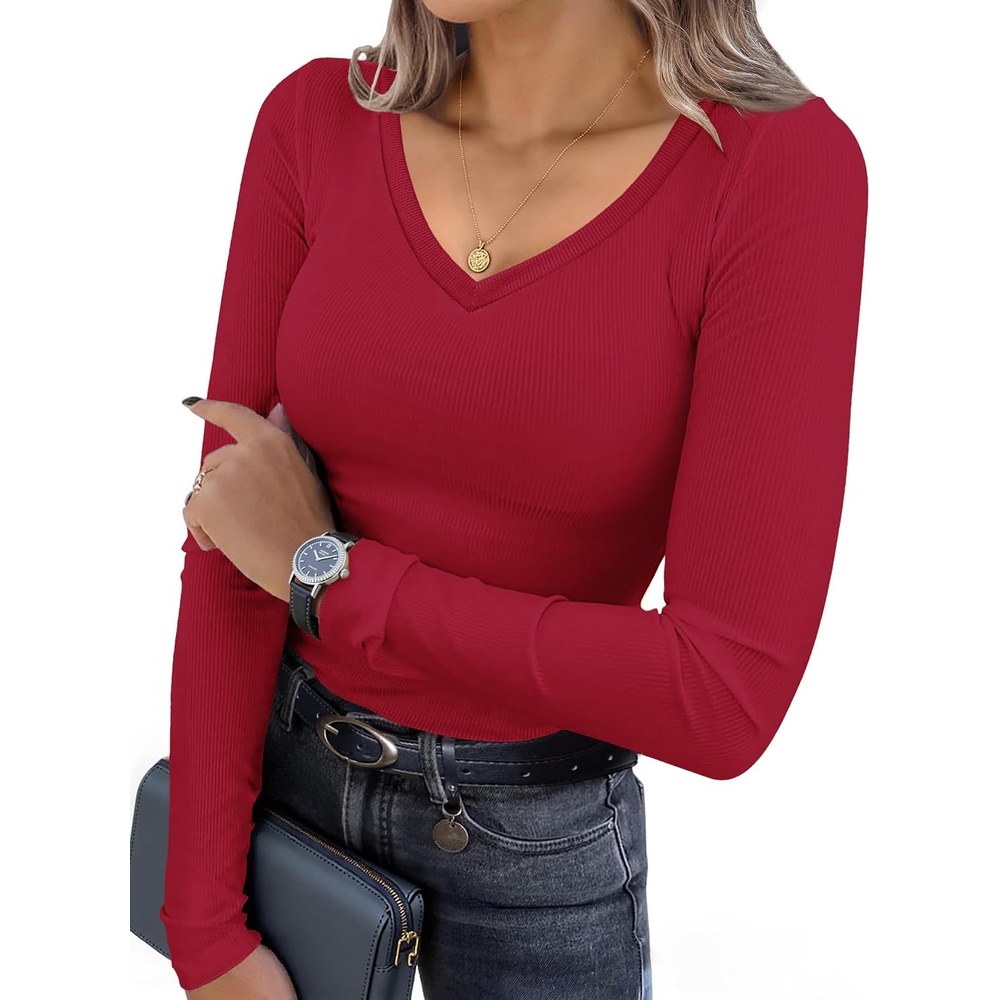 image:imageEkouaer Womens Long Sleeve Shirts V Neck Ribbed Thermal UndershirtsDark Red