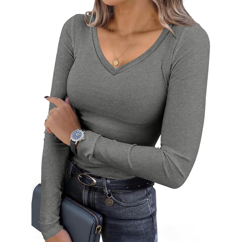image:imageEkouaer Womens Long Sleeve Shirts V Neck Ribbed Thermal UndershirtsLight Grey