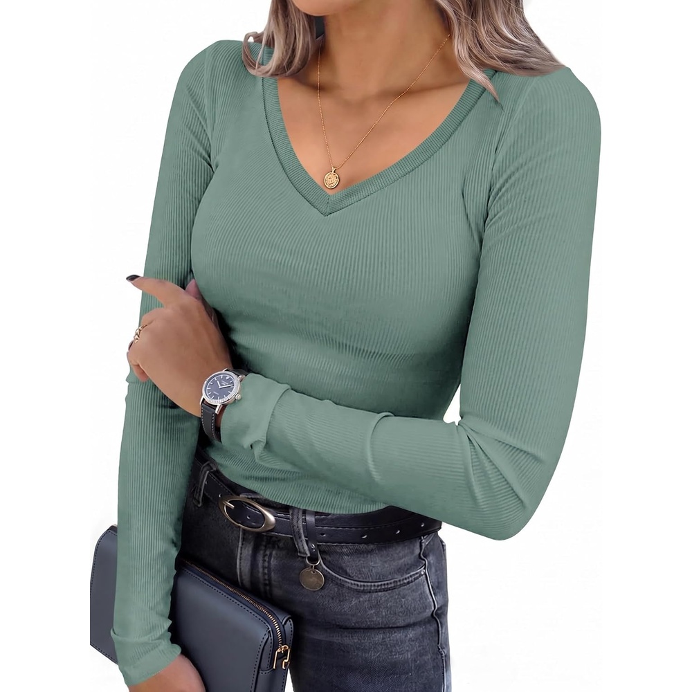 image:imageEkouaer Womens Long Sleeve Shirts V Neck Ribbed Thermal UndershirtsSage Green