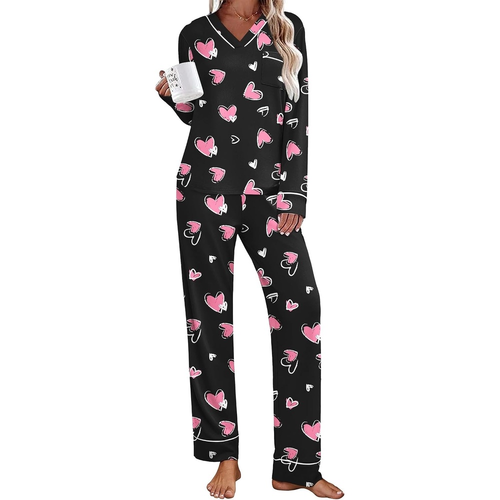 image:imageEkouaer Womens Pajamas Sets 2 Piece PJs Long Sleeve Sleepwear LoungewearBlack With Pink Heart