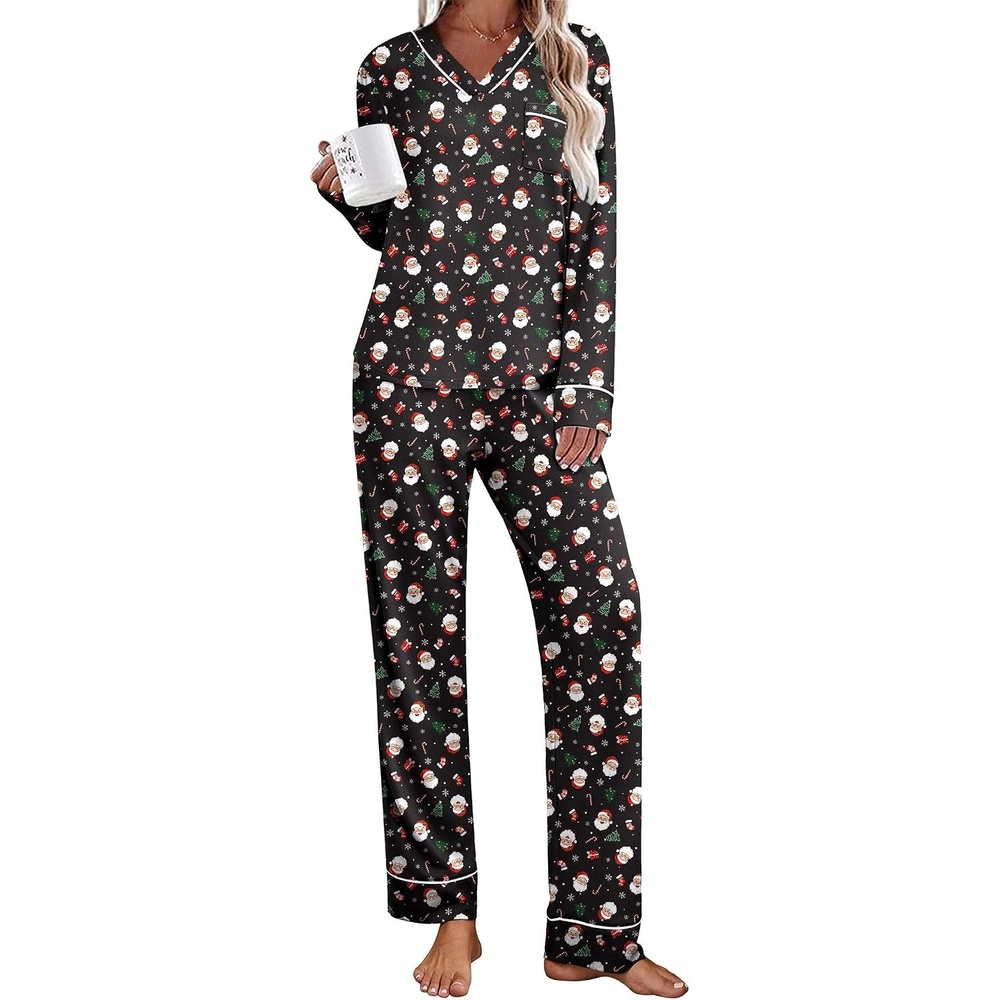 image:imageEkouaer Womens Pajamas Sets 2 Piece PJs Long Sleeve Sleepwear LoungewearChristmas Black Santa Claus