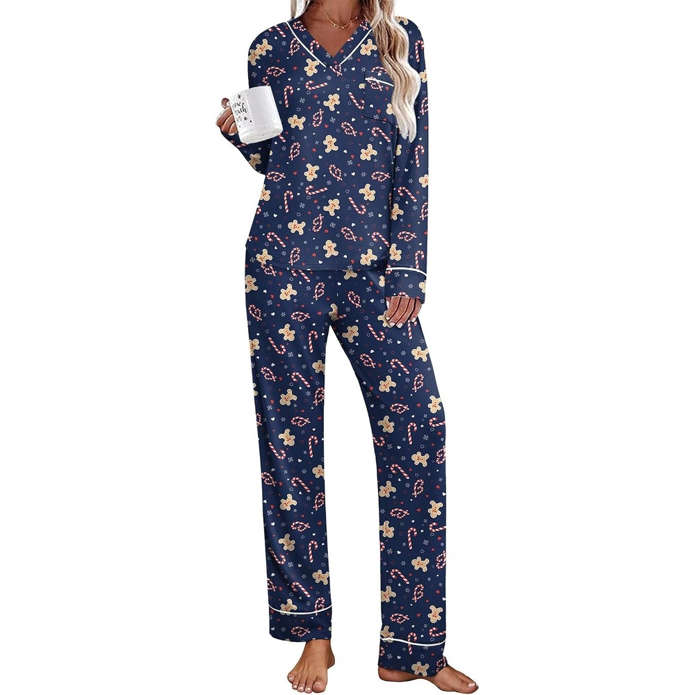 image:imageEkouaer Womens Pajamas Sets 2 Piece PJs Long Sleeve Sleepwear LoungewearChristmas Navy Gingerbread Man