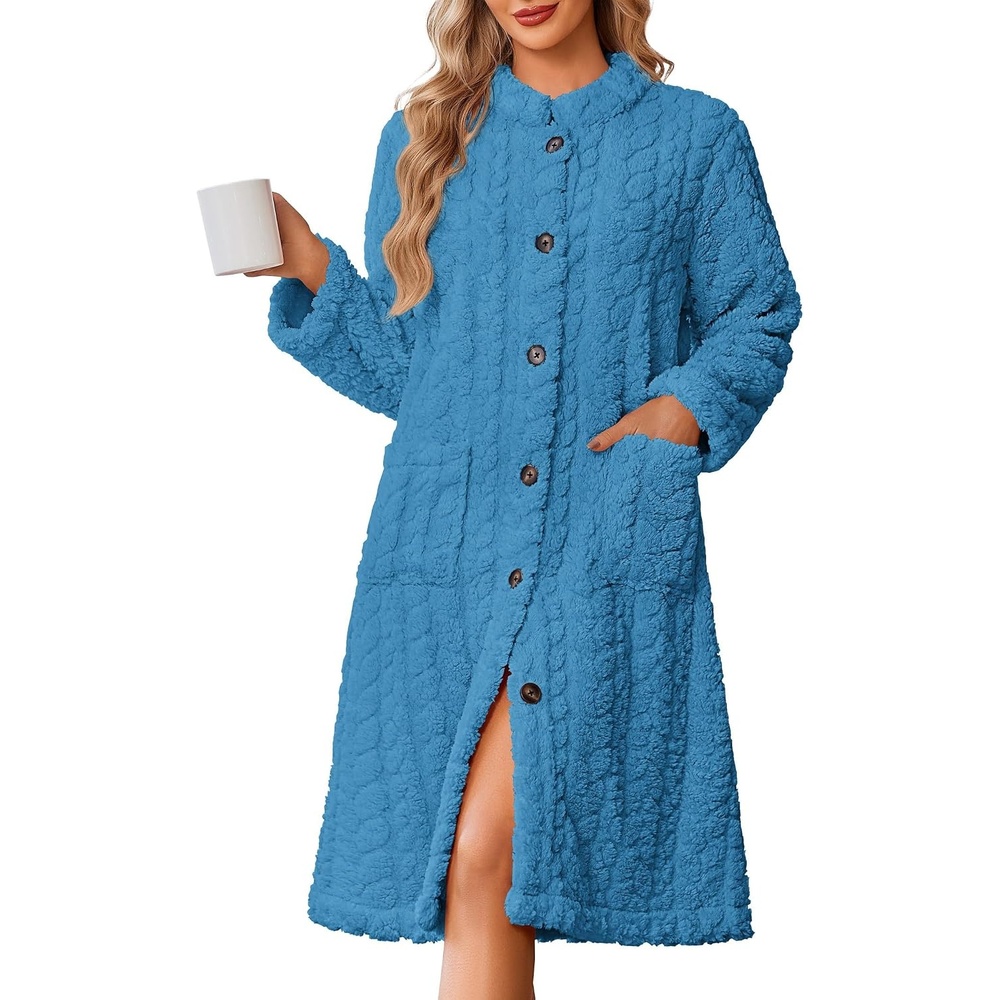 image:imageEkouaer Womens Plush Robe 2026 Warm Fleece Bathrobe Housecoat with PocketsBlue