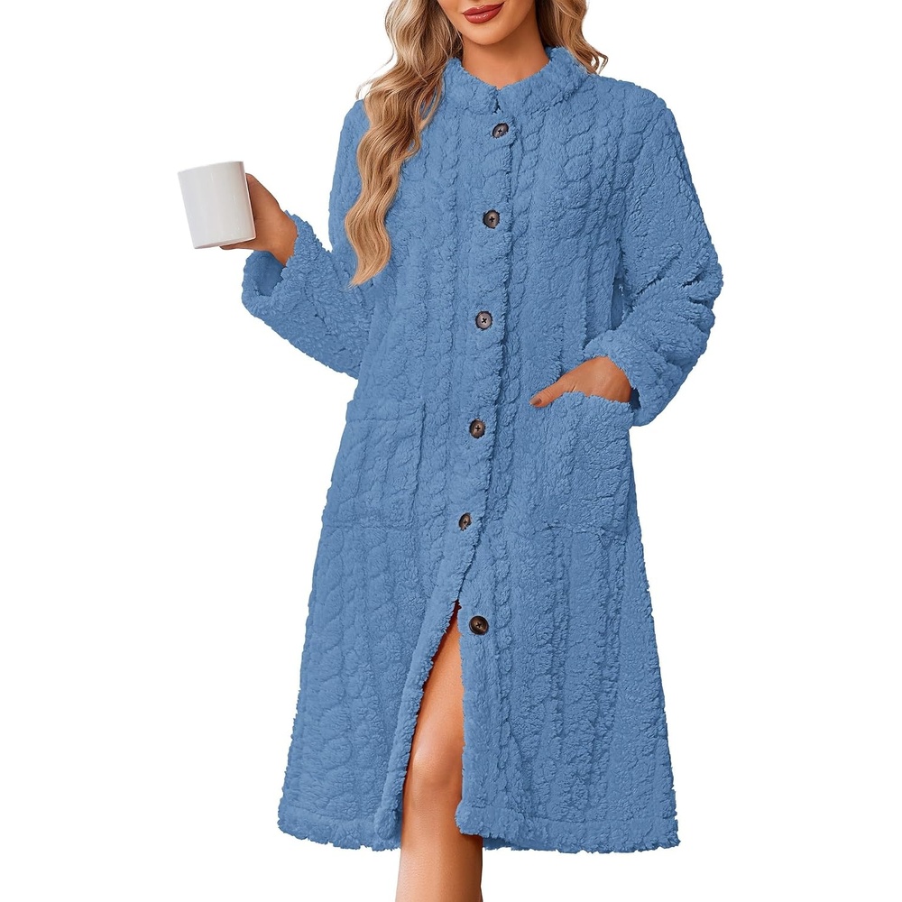 image:imageEkouaer Womens Plush Robe 2026 Warm Fleece Bathrobe Housecoat with PocketsDark Blue