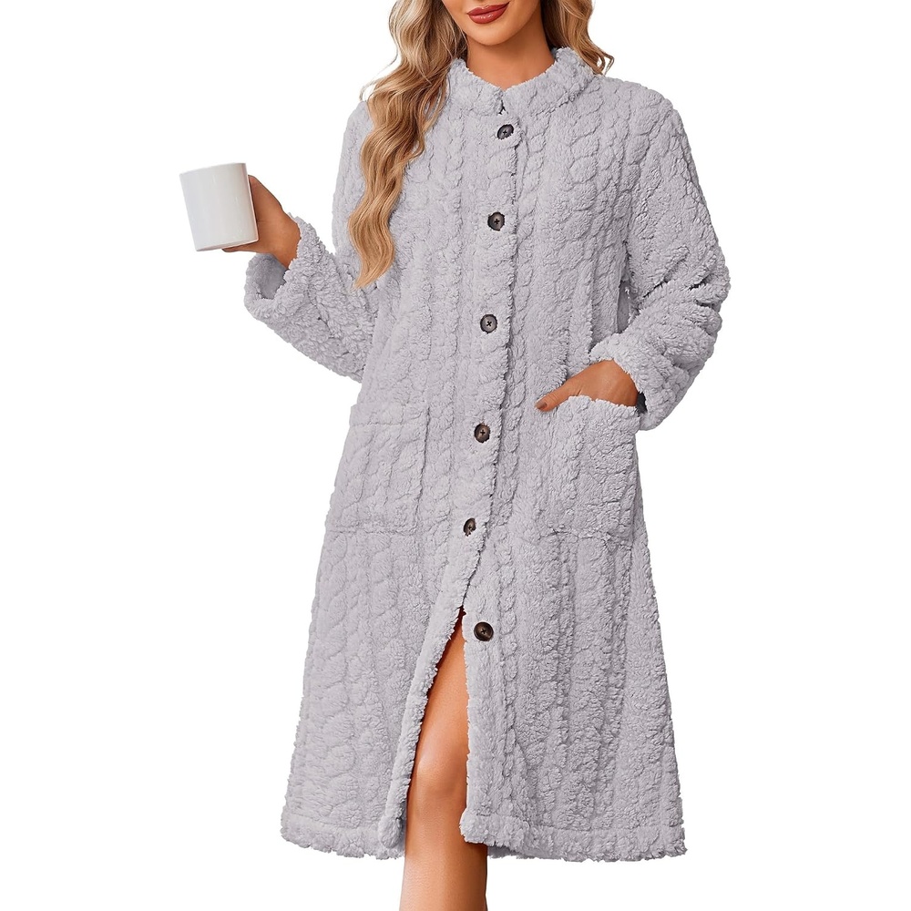 image:imageEkouaer Womens Plush Robe 2026 Warm Fleece Bathrobe Housecoat with PocketsMisty Gray