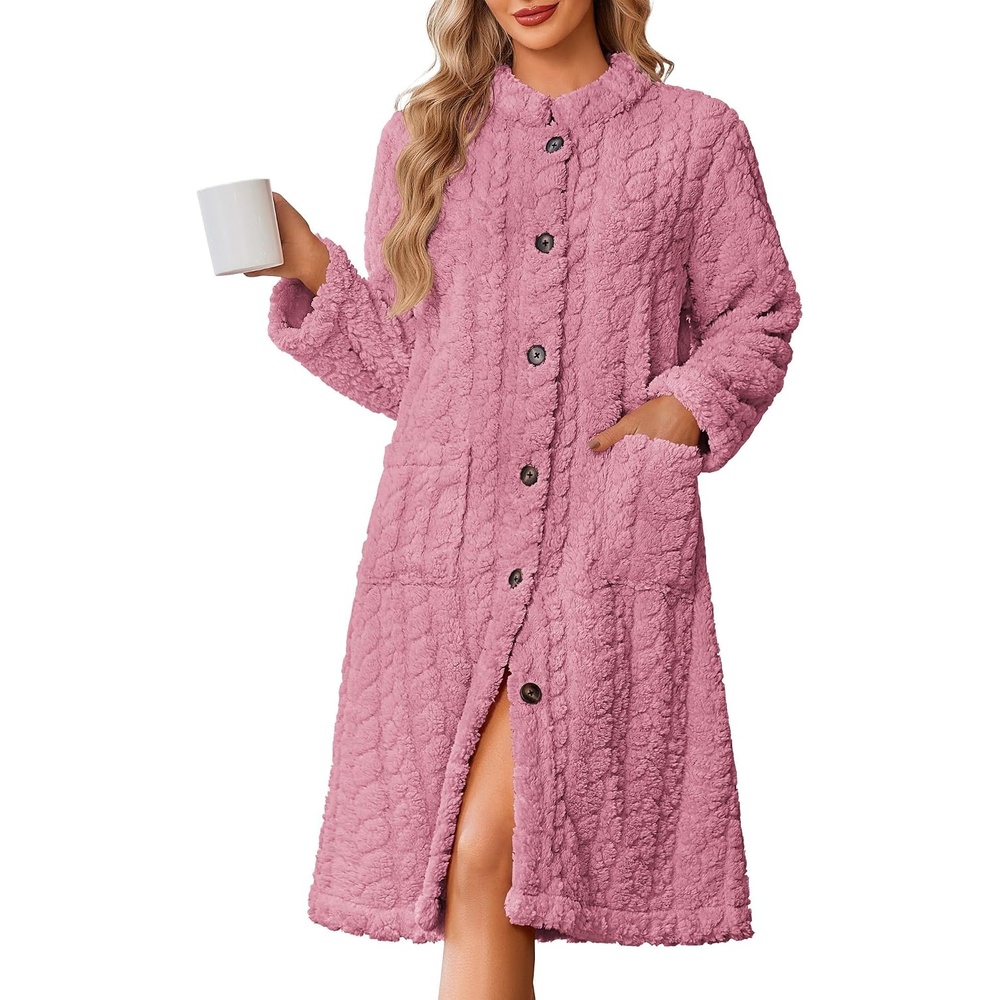 image:imageEkouaer Womens Plush Robe 2026 Warm Fleece Bathrobe Housecoat with PocketsRose Pink