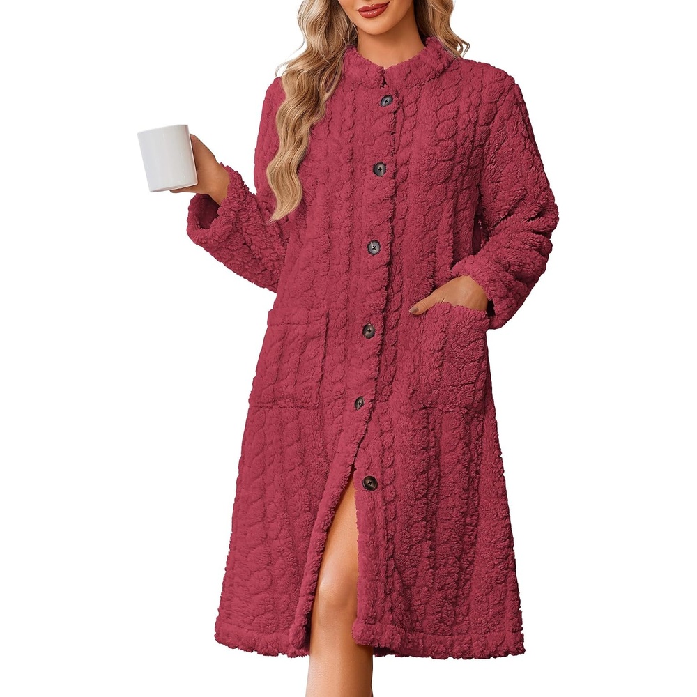 image:imageEkouaer Womens Plush Robe 2026 Warm Fleece Bathrobe Housecoat with PocketsWine Red