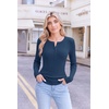 Ekouaer Women Long Sleeve Henley Tops Rib Knit Shirts Lightweigh Sweaters(Light Navy Blue)