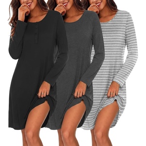 Ekouaer 3 Pack Nightgowns for Women Long Sleeve Sleepshirt Soft Nightshirt(Black/Dark Grey/Light Grey Stripes)