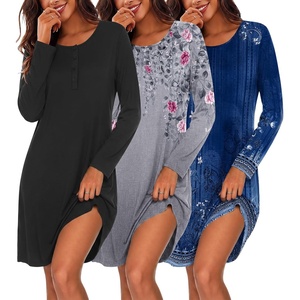 Ekouaer 3 Pack Nightgowns for Women Long Sleeve Sleepshirt Soft Nightshirt(Black/Grey Floral/Blue Pea Floral)