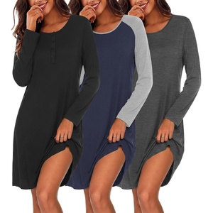 Ekouaer 3 Pack Nightgowns for Women Long Sleeve Sleepshirt Soft Nightshirt(Black/Navy Blue/Grey)
