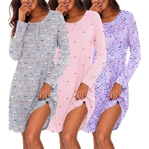 Ekouaer 3 Pack Nightgowns for Women Long Sleeve Sleepshirt Soft Nightshirt(Coffee Cup/Pink Striped Heart/Purple Star)