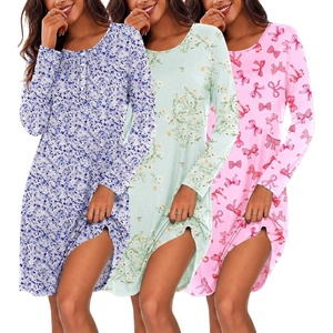 Ekouaer 3 Pack Nightgowns for Women Long Sleeve Sleepshirt Soft Nightshirt(Purple Floral/Light Green Floral/Pink Bow Tie)