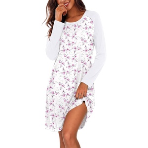 Ekouaer Cotton Nightgowns for Women Long Sleeve Sleepshirts Soft Sleepwear(Floral Purple White)