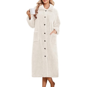 Ekouaer Plush Robes for Women Button Front Long Bathrobe(Beige)