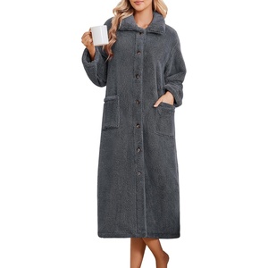 Ekouaer Plush Robes for Women Button Front Long Bathrobe(Grey)