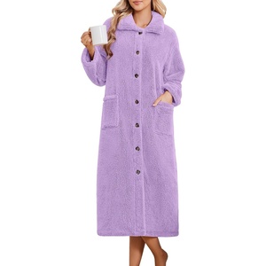 Ekouaer Plush Robes for Women Button Front Long Bathrobe(Lavender)