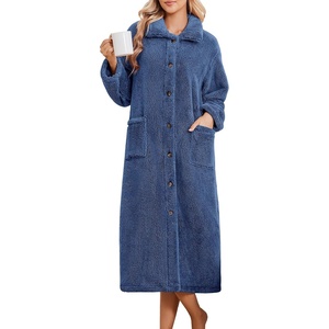 Ekouaer Plush Robes for Women Button Front Long Bathrobe(Navy Blue)