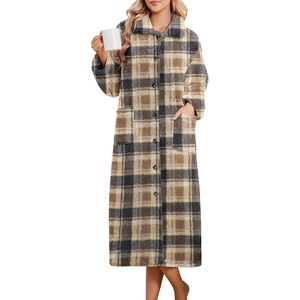 Ekouaer Plush Robes for Women Button Front Long Bathrobe(Plaid Khaki)